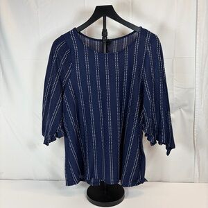 W5 Navy Blue Dotted Stripe Blouse 1X Ruffle Sleeve Lightweight Top
